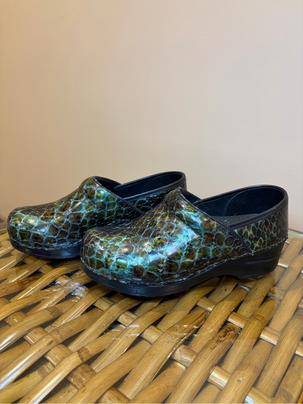 Sanita Professional Clogs Green/Brown Snakeskin Print Leather Slip On